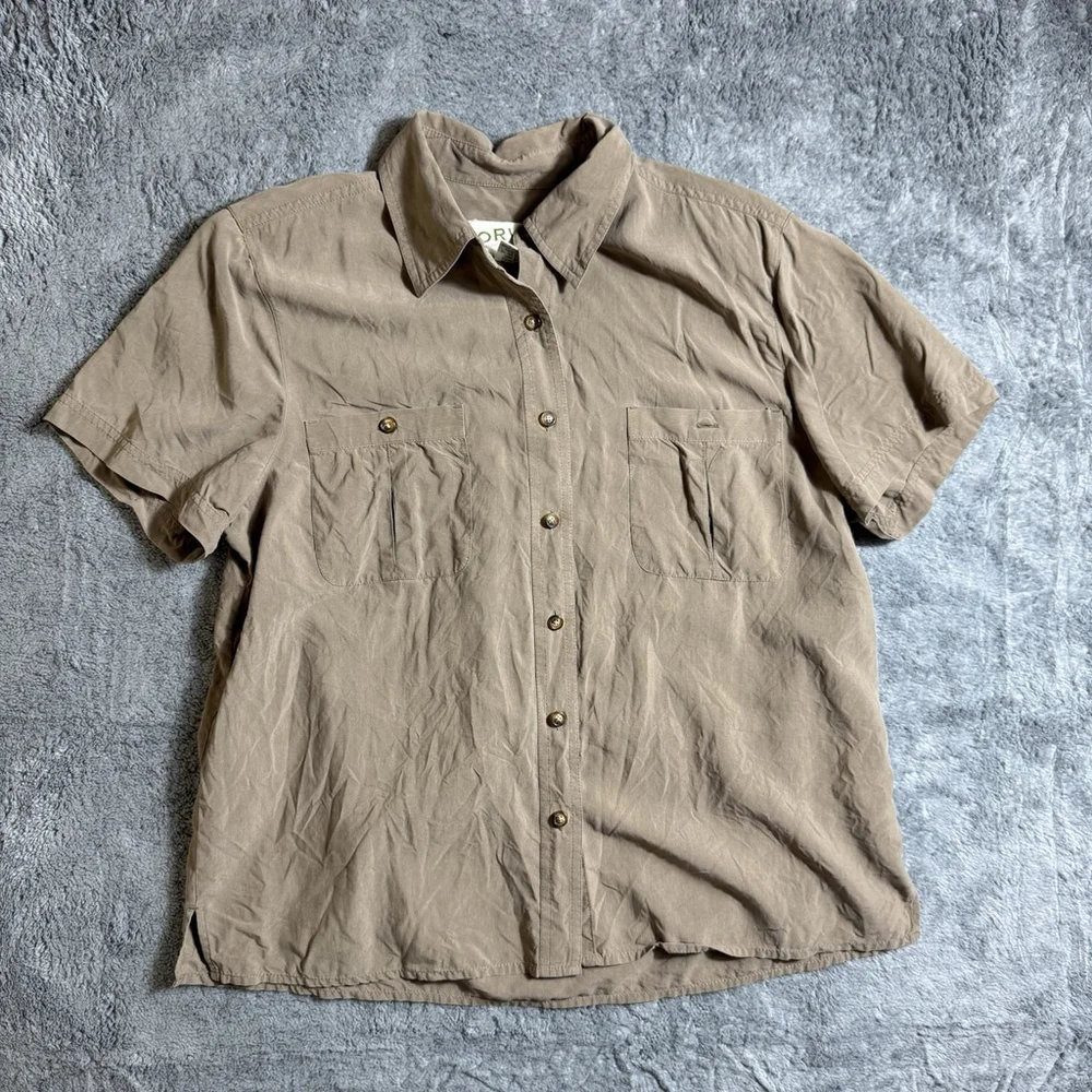 Orvis 100% Silk Button Up Shirt Short Sleeve Beige Men’s Large Lightweight - Picture 1 of 6